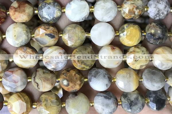 COIN99 15 inches 12mm faceted coin yellow crazy lace agate beads