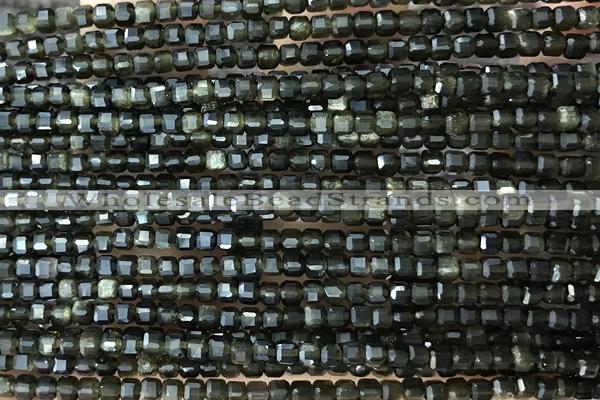 CUBE13 15 inches 2.5mm faceted cube golden obsidian gemstone beads