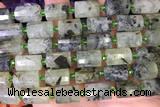 TUBE84 15 inches 10*14mm faceted tube green rutilated quartz beads