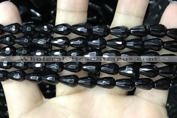 CAA2510 15.5 inches 6*9mm faceted teardrop black agate beads