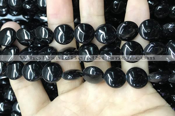 CAA2528 15.5 inches 14mm flat round black agate beads wholesale