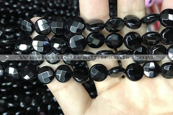 CAA2583 15.5 inches 16mm faceted coin black agate beads wholesale