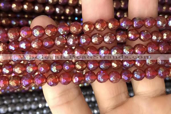 CAA3549 15.5 inches 6mm faceted round AB-color red agate beads