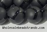 CAA3658 15.5 inches 12mm round matte & carved black agate beads