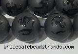 CAA3677 15.5 inches 10mm round matte & carved black agate beads