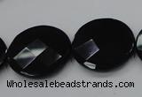 CAB320 15.5 inches 25mm faceted coin black agate gemstone beads