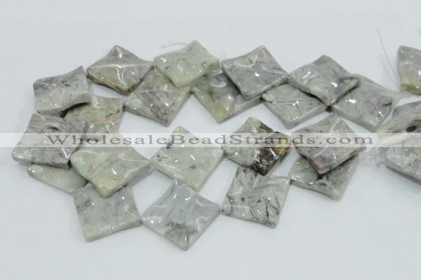 CAB584 15.5 inches 30*30mm wavy diamond silver needle agate beads