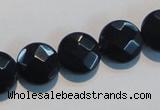 CAB810 15.5 inches 14mm faceted coin black gemstone agate beads