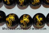 CAG3382 15.5 inches 14mm carved round black agate beads wholesale