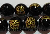 CAG3386 15.5 inches 12mm carved round black agate beads wholesale