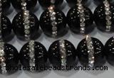 CAG8632 15.5 inches 12mm round black agate with rhinestone beads