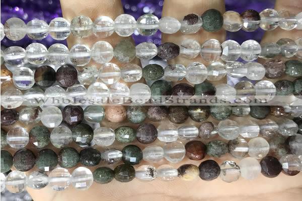 CCB604 15.5 inches 6mm faceted coin green phantom quartz beads