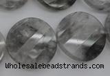 CCQ275 15.5 inches 25mm faceted & twisted coin cloudy quartz beads