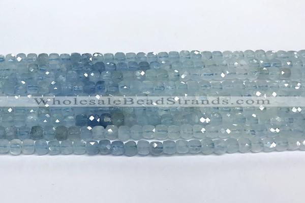 CCU1005 15 inches 4mm faceted cube aquamarine beads