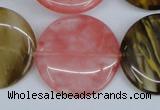 CCY214 15.5 inches 30mm flat round volcano cherry quartz beads