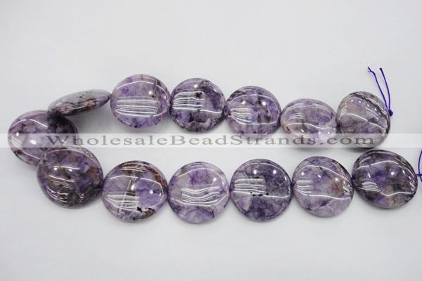 CDA317 15.5 inches 30mm flat round dyed dogtooth amethyst beads