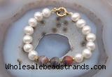 CFB1032 Hand-knotted 9mm - 10mm potato white freshwater pearl & botswana agate bracelet