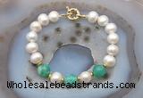 CFB1033 Hand-knotted 9mm - 10mm potato white freshwater pearl & peafowl agate bracelet