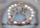 CFB1045 Hand-knotted 9mm - 10mm potato white freshwater pearl & pink wooden jasper bracelet