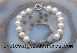 CFB1048 Hand-knotted 9mm - 10mm potato white freshwater pearl & grey picture jasper bracelet