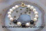 CFB1057 Hand-knotted 9mm - 10mm potato white freshwater pearl & black obsidian bracelet