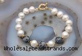 CFB1058 Hand-knotted 9mm - 10mm potato white freshwater pearl & snowflake obsidian bracelet