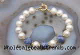 CFB1063 Hand-knotted 9mm - 10mm potato white freshwater pearl & blue spot stone bracelet