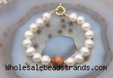 CFB1068 Hand-knotted 9mm - 10mm potato white freshwater pearl & picasso jasper bracelet