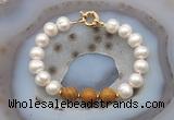 CFB1069 Hand-knotted 9mm - 10mm potato white freshwater pearl & wooden jasper bracelet