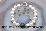 CFB1071 Hand-knotted 9mm - 10mm potato white freshwater pearl & blue tiger eye bracelet