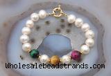 CFB1074 Hand-knotted 9mm - 10mm potato white freshwater pearl & colorful tiger eye bracelet