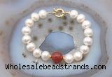 CFB1078 Hand-knotted 9mm - 10mm potato white freshwater pearl & red agate bracelet