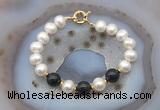 CFB1079 Hand-knotted 9mm - 10mm potato white freshwater pearl & black agate bracelet