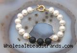 CFB1080 Hand-knotted 9mm - 10mm potato white freshwater pearl & black lava bracelet