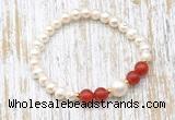 CFB608 6-7mm potato white freshwater pearl & red agate stretchy bracelet