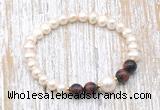 CFB619 6-7mm potato white freshwater pearl & red tiger eye stretchy bracelet