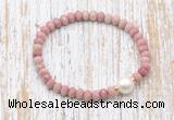 CFB727 faceted rondelle pink wooden jasper & potato white freshwater pearl stretchy bracelet