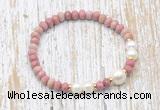 CFB729 faceted rondelle pink wooden jasper & potato white freshwater pearl stretchy bracelet