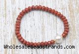 CFB730 faceted rondelle red jasper & potato white freshwater pearl stretchy bracelet