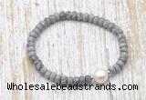 CFB733 faceted rondelle grey picture jasper & potato white freshwater pearl stretchy bracelet