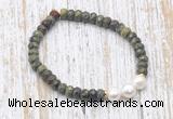 CFB743 faceted rondelle dragon blood jasper & potato white freshwater pearl stretchy bracelet