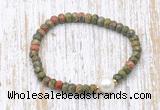 CFB757 faceted rondelle unakite & potato white freshwater pearl stretchy bracelet