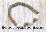 CFB759 faceted rondelle unakite & potato white freshwater pearl stretchy bracelet