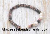 CFB765 faceted rondelle rhodonite & potato white freshwater pearl stretchy bracelet