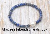 CFB772 faceted rondelle lapis lazuli & potato white freshwater pearl stretchy bracelet