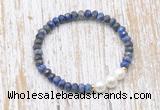 CFB773 faceted rondelle lapis lazuli & potato white freshwater pearl stretchy bracelet