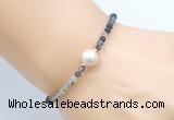 CFB811 4mm faceted round black rutilated quartz & potato white freshwater pearl bracelet