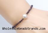 CFB814 4mm faceted round garnet & potato white freshwater pearl bracelet