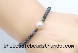 CFB829 4mm faceted round snowflake obsidian & potato white freshwater pearl bracelet