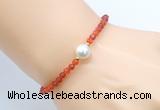 CFB832 4mm faceted round red agate & potato white freshwater pearl bracelet